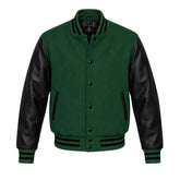 Forest Green and Black Varsity Jacket with Wool Body and Leather Sleeves