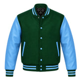 Forest Green and Sky Blue Varsity Jacket with Wool Body and Leather Sleeves