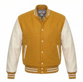 Gold and Cream Varsity Jacket with Wool Body and Leather Sleeves