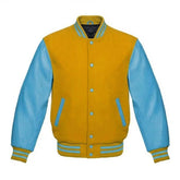 Gold and Sky Blue Varsity Jacket with Wool Body and Leather Sleeves