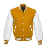 Gold and White Varsity Jacket with Wool Body and Leather Sleeves