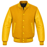Gold melton wool varsity jacket with yellow leather sleeves, front view