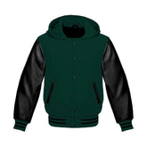 Green Wool and Black Leather Hooded Varsity Jacket