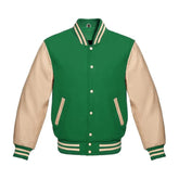 Green Wool and Cream Leather Varsity Jacket