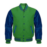 Green and Navy Varsity Jacket with Wool Body and Leather Sleeves