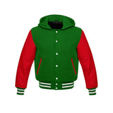 Green Wool and Red Leather Hooded Varsity Jacket