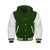 Green Wool and White Leather Hooded Varsity Jacket
