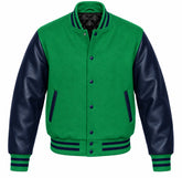 Green and Navy Blue Varsity Jacket with Wool Body and Leather Sleeves