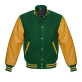 Green and Gold Varsity Jacket with Wool Body and Leather Sleeves
