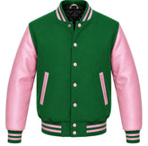 Green melton wool letterman jacket with pink leather sleeves, front view