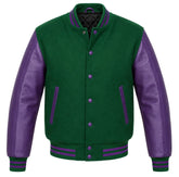Green melton wool letterman jacket with purple leather sleeves, front view