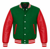 Green melton wool varsity jacket with red cowhide leather sleeves, front view