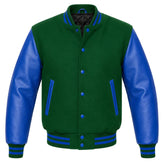 Green melton wool varsity jacket with royal blue leather sleeves, front view