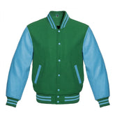 Green and Sky Blue Varsity Jacket with Wool Body and Leather Sleeves