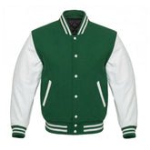 Green and White Varsity Jacket with Wool Body and Leather Sleeves