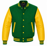 Green wool varsity jacket with yellow cowhide leather sleeves, back view