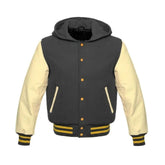 Grey Wool and Beige Leather Hooded Varsity Jacket