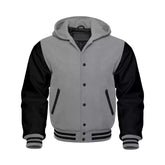 Grey Wool and Black Leather Hooded Varsity Jacket