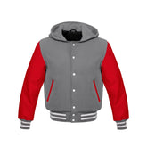 Grey Wool and Red Leather Hooded Varsity Jacket