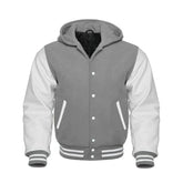 Grey Wool and White Leather Hooded Varsity Jacket