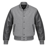 Grey Varsity Jacket with Wool Body and Leather Sleeves