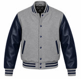 Grey and Navy Varsity Jacket with Wool Body and Leather Sleeves