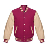 Hot Pink Wool and Cream Leather Varsity Jacket