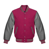 Hot Pink and Grey Varsity Jacket with Wool Body and Leather Sleeves