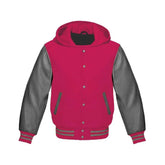 Hot Pink Wool and Grey Leather Hooded Varsity Jacket