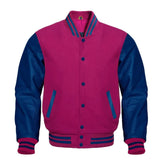 Hot Pink and Navy Varsity Jacket with Wool Body and Leather Sleeves