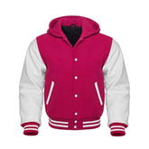 Hot Pink Wool and White Leather Hooded Varsity Jacket
