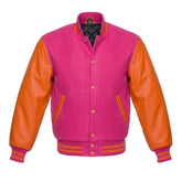 Hot Pink and Orange Varsity Jacket with Wool Body and Leather Sleeves