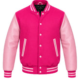 Hot pink melton wool varsity jacket with pale pink leather sleeves, front view