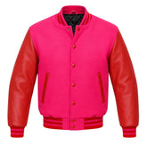 Hot pink melton wool varsity jacket with red cowhide leather sleeves, front view