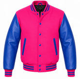 Hot pink melton wool varsity jacket with royal blue leather sleeves, front view