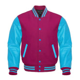 Hot Pink and Sky Blue Varsity Jacket with Wool Body and Leather Sleeves