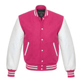 Hot Pink and White Varsity Jacket with Wool Body and Leather Sleeves