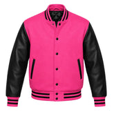 Hot Pink and Black Varsity Jacket with Wool Body and Leather Sleeves