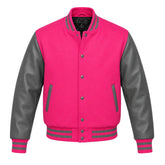 Hot Pink and Grey Varsity Jacket with Wool Body and Leather Sleeves