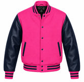 Hot Pink and Navy Varsity Jacket with Wool Body and Leather Sleeves