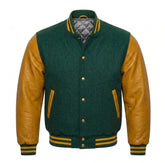Hunter Green and Gold Varsity Jacket with Wool Body and Leather Sleeves