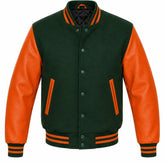 Hunter green melton wool letterman jacket with orange leather sleeves, front view