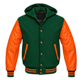 Hunter Green and Orange Varsity Jacket with Hood