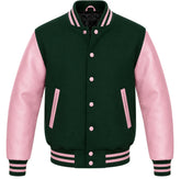 Hunter green melton wool varsity jacket with pink leather sleeves, front view