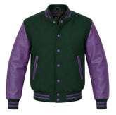 Hunter green melton wool varsity jacket with purple leather sleeves, front view
