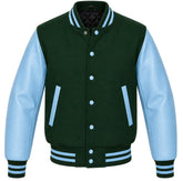 Hunter green melton wool varsity jacket with sky blue leather sleeves, front view