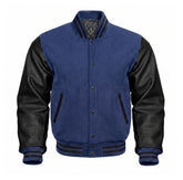 Indigo and Black Varsity Jacket with Wool Body and Leather Sleeves