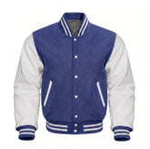 Indigo and White Varsity Jacket with Wool Body and Leather Sleeves