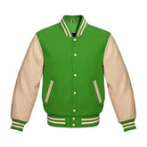 Kelly Green Wool and Cream Leather Varsity Jacket