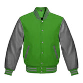 Kelly Green and Grey Varsity Jacket with Wool Body and Leather Sleeves